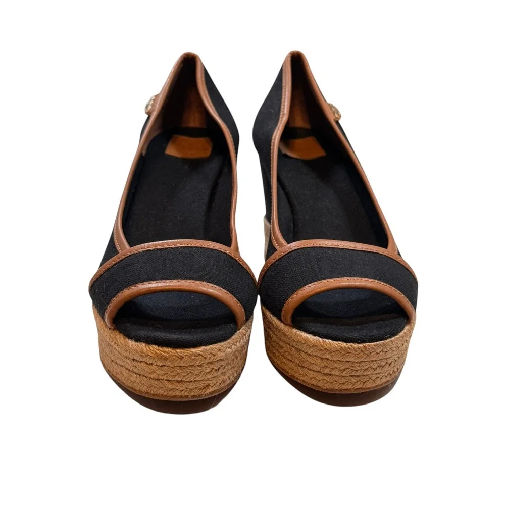 Tory Burch Majorca Espadrille Wedge Peep Toe Canvas Black/Tan EU 37.5 US 7